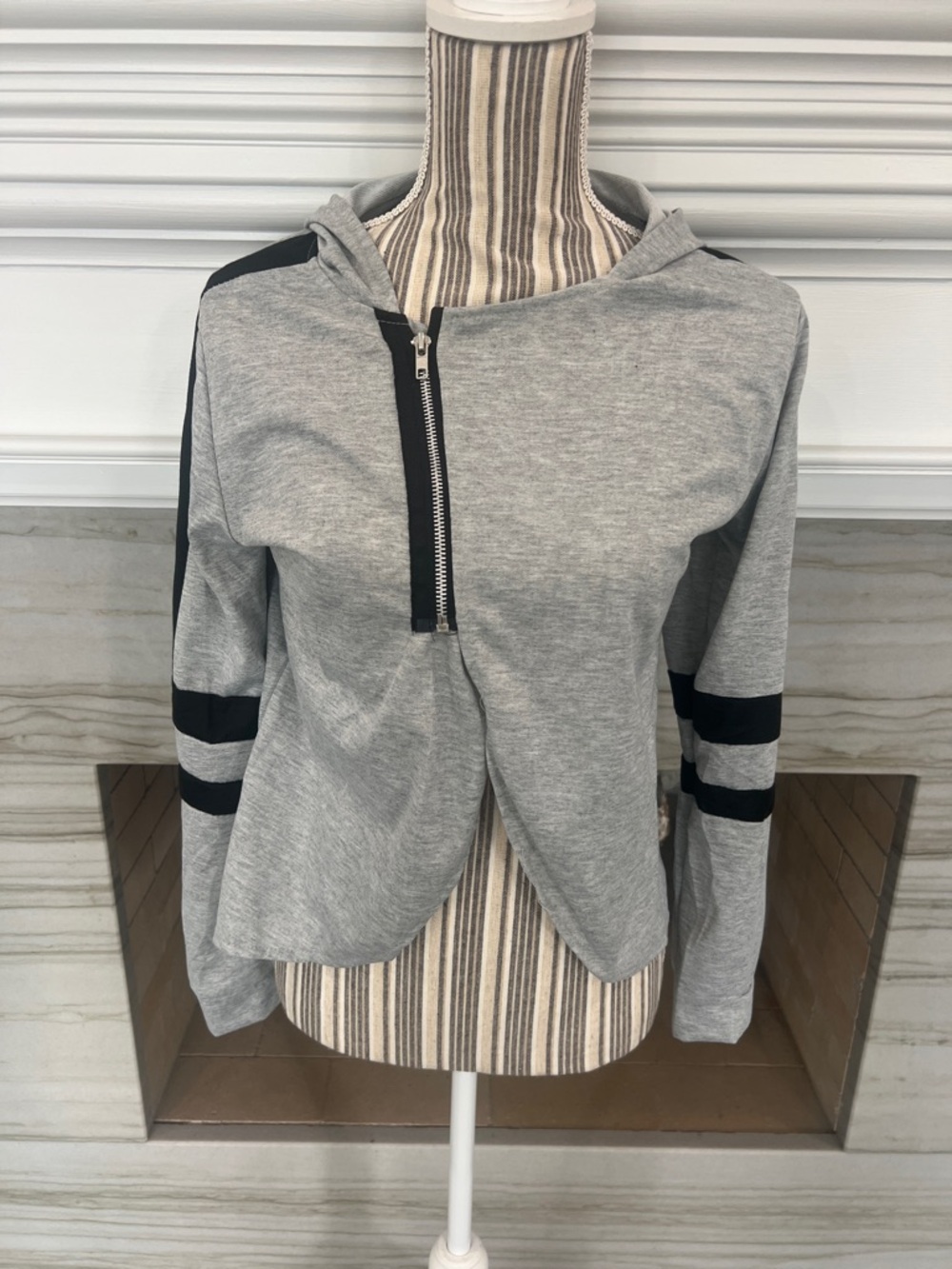 2 piece Grey Hooded Cropped Sweatshirt with Black Stripe Accents